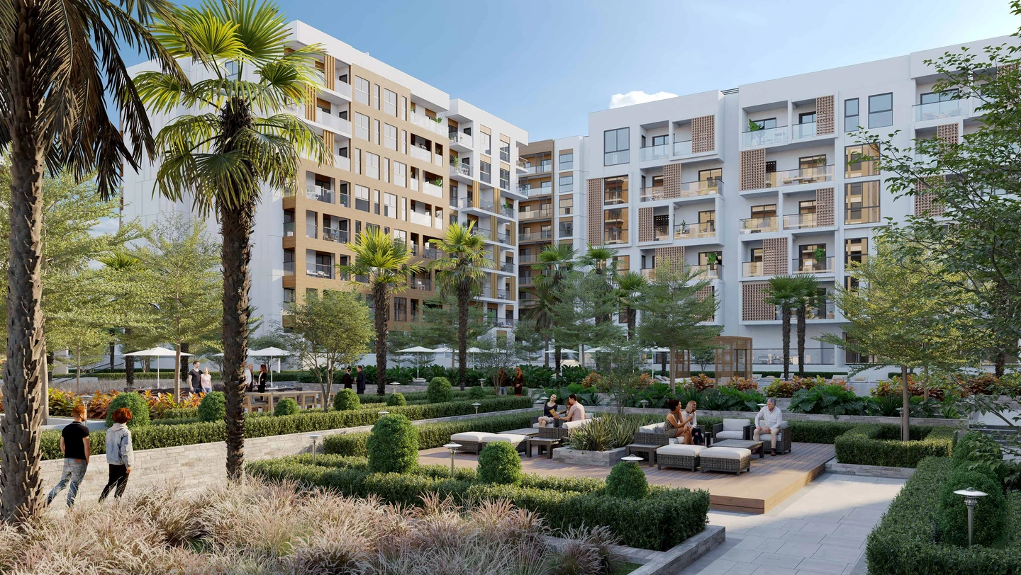 Hillside Residences landscaped courtyard and apartments — developer artist’s impression